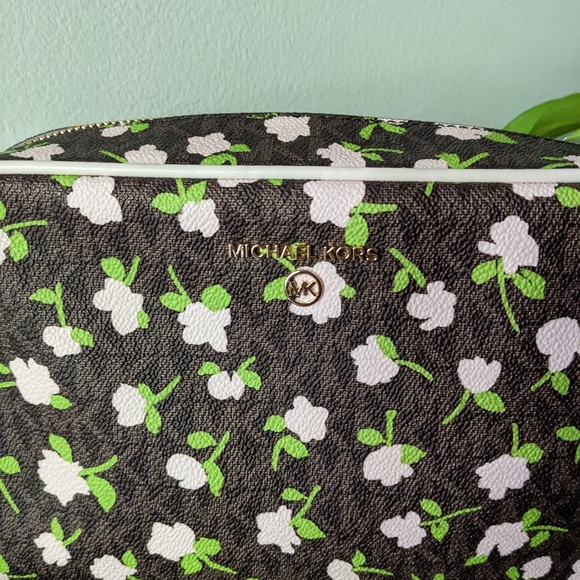 Michael Kors Jet Set Large Zip Travel Cosmetic Pouch Brown Pink Floral Print - Picture 2 of 13